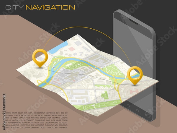 Obraz Isometric City map smartphone navigation, Isometry phone point marker, 3d flat schema isometric city plan GPS navigation tablet, itinerary destination arrow paper city map. Route isometric check point