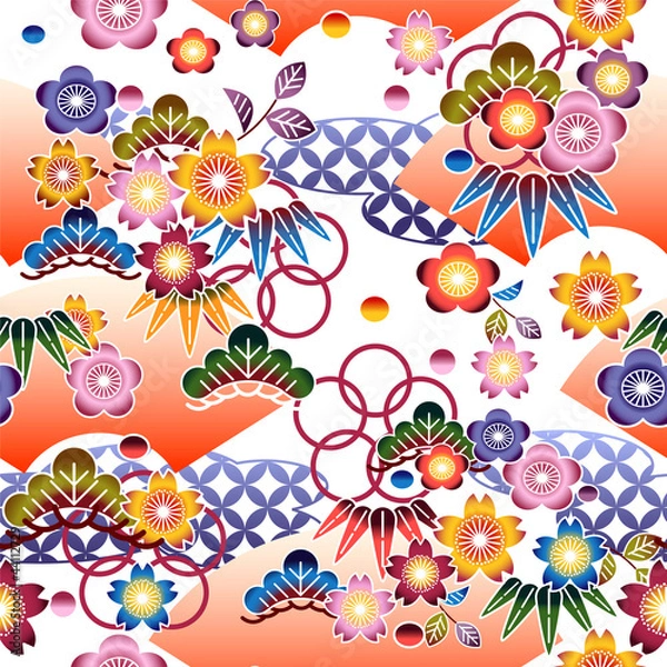 Obraz 紅型　背景　松　竹　梅