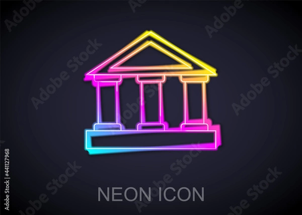 Fototapeta Glowing neon line Bank building icon isolated on black background. Vector