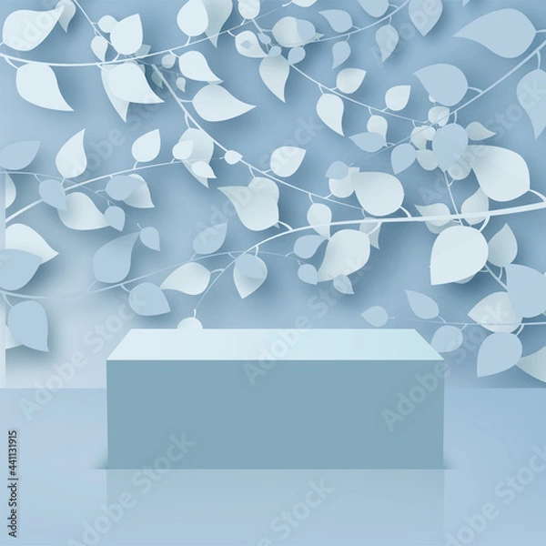 Fototapeta Abstract background with branches and leaves and blue podium. Vector