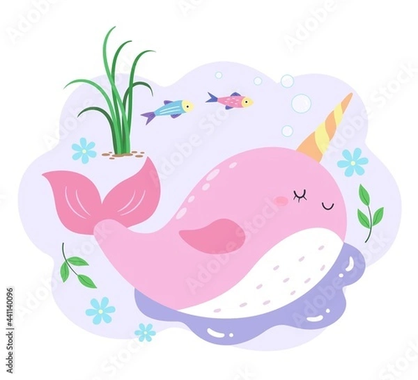 Obraz The side of a pink narwhal with many bubbles and grass, fish and flowers in the background