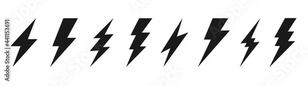 Obraz Thunder bolt lightning flash icons set vector. Isolated black design symbols on white background. Electric thunderbolt signs. Abstract concept dangerous and power illustration.