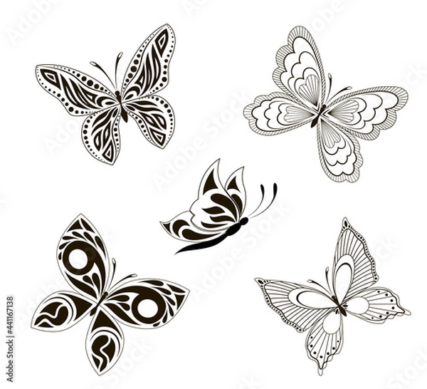 Fototapeta Vector background with the image set of black and white butterflies