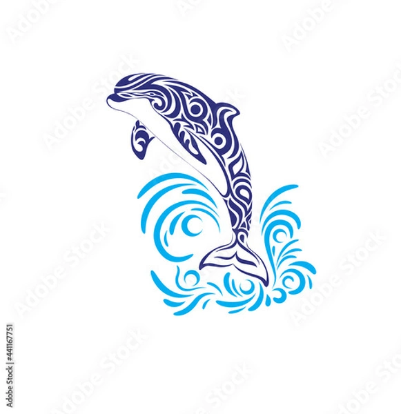 Fototapeta Vector illustration of dolphin tattoo on waves in tribal style