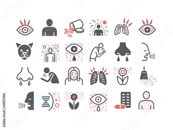 Fototapeta Allergy symptoms line end flat icons infographic. Vector sign for web graphic.