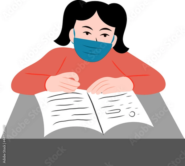 Fototapeta Student sitting at table reading a book. A Girl studying with mask during covid-19 pandemic. Back to school.