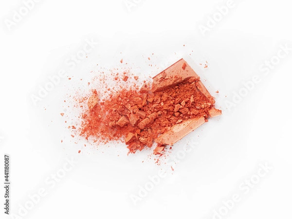 Obraz On a white background, there are broken blush for the face or eye shadow. Cosmetic swatches. Loose eye shadow and blush. Decorative cosmetics on a white background. Eye and face makeup product.