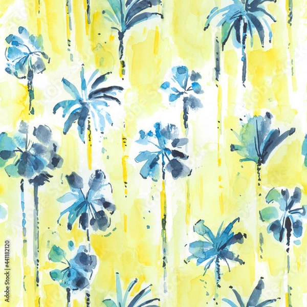 Fototapeta Watercolor seamless tropical hand drawn pattern with palm trees. Summer abstract exotic stylized plant on yellow background