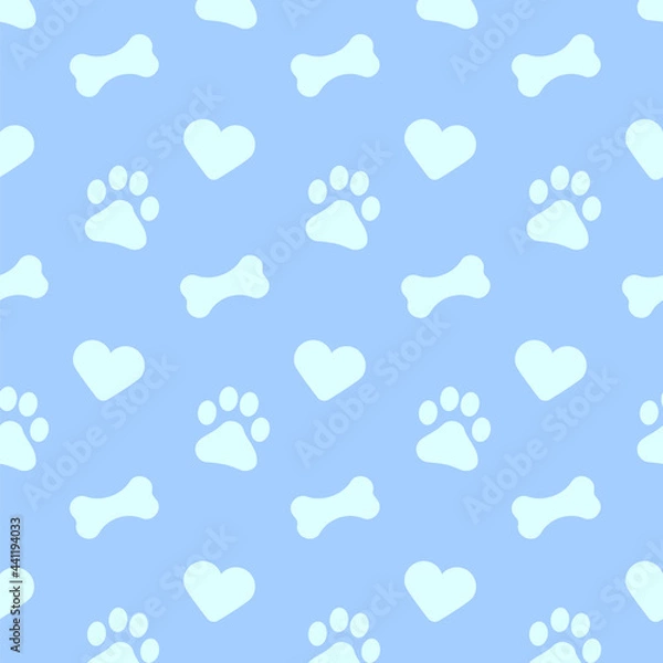 Fototapeta Pet flat symbols of bones, heart, dog paw, shapes on blue background seamless square pattern. Canine style color vector theme template. Design element on the subject of dogs, pets, puppies.