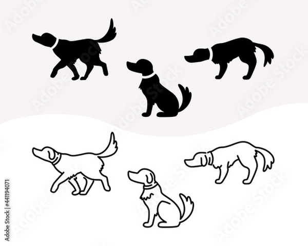 Fototapeta Set of monochrome silhouettes and line icons of domestic dog in different poses. Sprite image of a labrador dog in different poses: running, sitting and sad puppy.