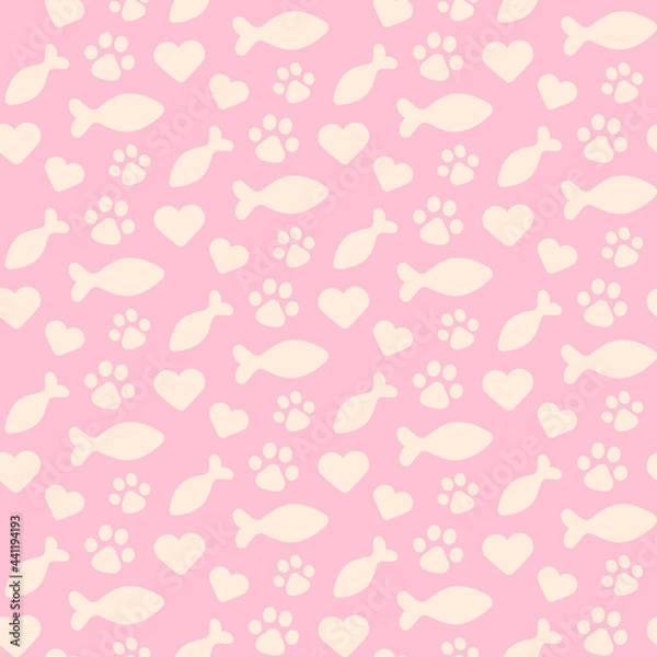 Fototapeta Pet flat symbols of fish, heart, paw, shapes on pink background seamless square pattern. Cat style color vector theme template. Design element on the subject of kitten, pets, cats and feline.