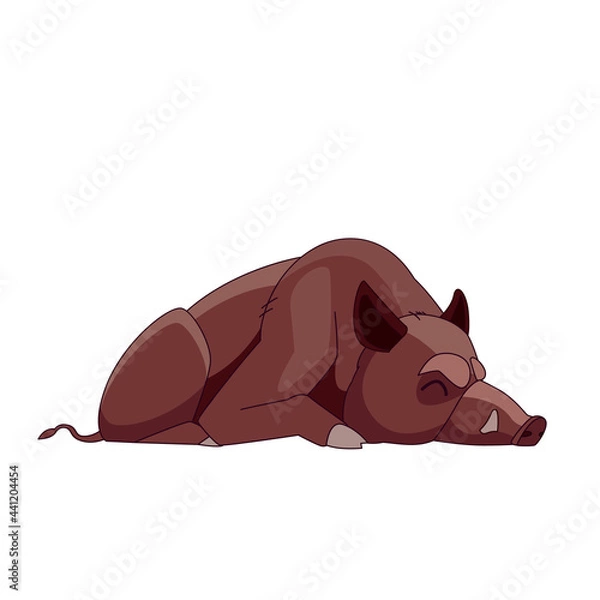 Fototapeta Wild boar sleeping or dead. Cartoon character of an adult mammal animal. A wild forest creature with brown fur. Side view. Vector flat illustration isolated on a white background