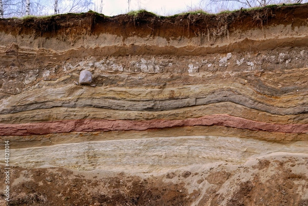 Fototapeta Layers of soil photographed in a sand quarry. Interesting geological sand formation. 