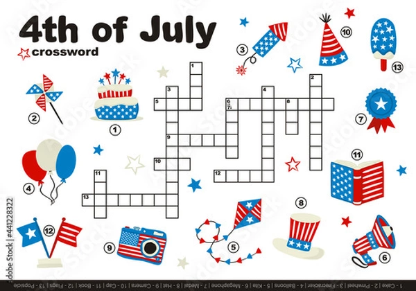 Obraz USA crossword for kids. Children's smart game with cartoon objects. Set of hand drawn elements in the national colors of the United States of America. Vector illustration for 4th of July