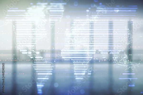 Fototapeta Abstract creative world map interface on empty corporate office background, international trading concept. Multiexposure