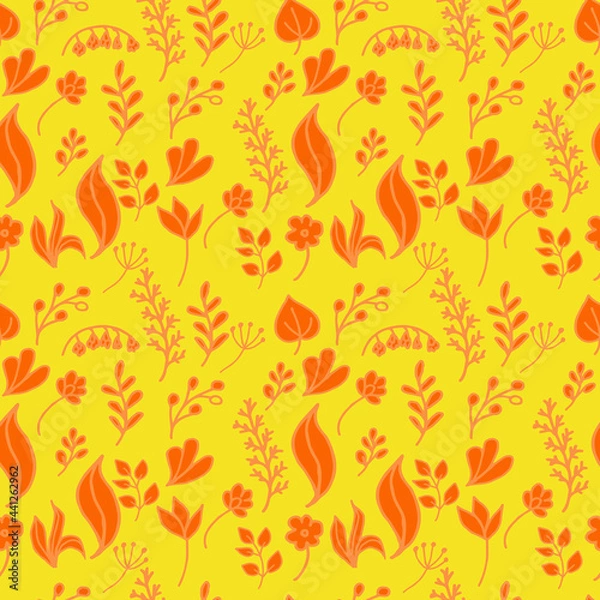 Fototapeta Vegetable elements seamless pattern on a warm yellow background. Small flowers, twigs, leaves. Vector in flat style. Suitable for textiles and packaging.