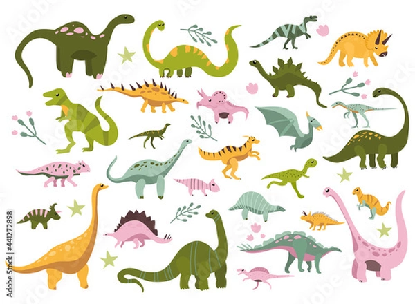 Fototapeta Various dino characters set.Cute hand drawn dinosaurs.Sketch Jurassic,Mesozoic reptiles.Prehistoric illustration with herbivores and predator animals.Childish print,baby shower illustration.Collection