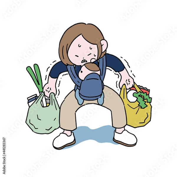 Fototapeta 赤ちゃんを連れて重い買い物袋を必死に持つ主婦