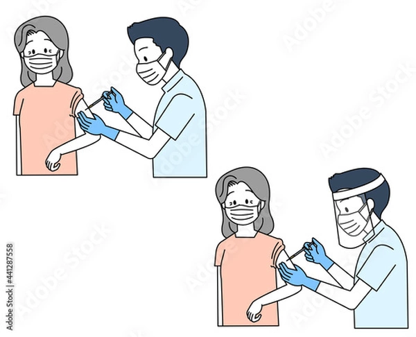 Fototapeta 高齢女性にワクチン接種をする医療従事者（半袖・シンプルカラー）