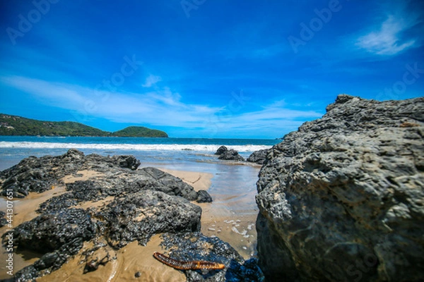 Fototapeta Beautiful beach at famous beach, rock, sun, water and island, amazing Seychelles with unique franite rocks