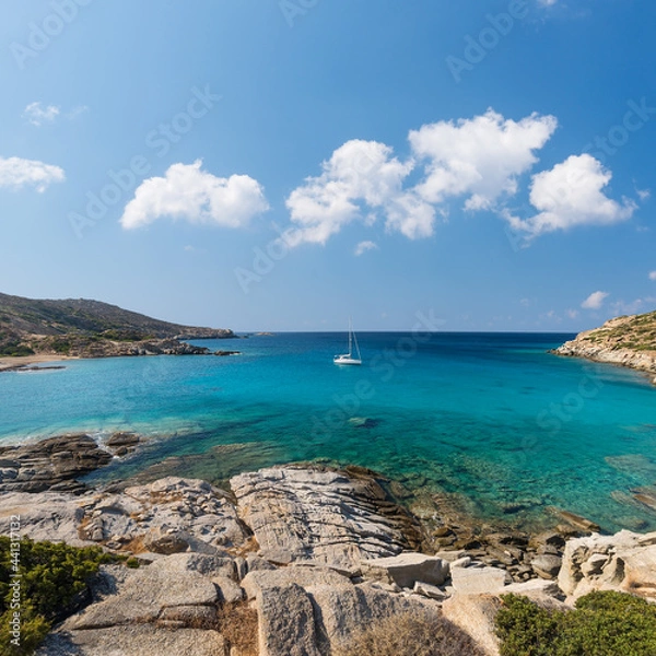 Fototapeta The spectacular bay with the beach of Pikri Nero on the west coast of the Greek island of Ios in the Cyclades archipelago