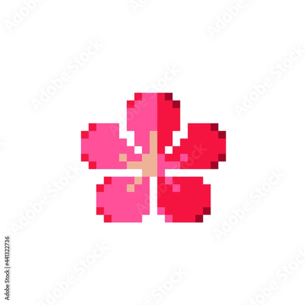 Fototapeta Red sakura flower icon. Pixel art style. Symbol of Japanese culture. 8-bit sprite. Isolated vector illustration. 