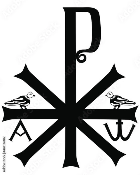 Obraz XP is the early Christian sign. Chi Ro , Chrism or Chrismon. Monogram of the name of  Jesus Christ. I am Alfa and Omega. Biblical lettering. Vector design. Isolated on white background.