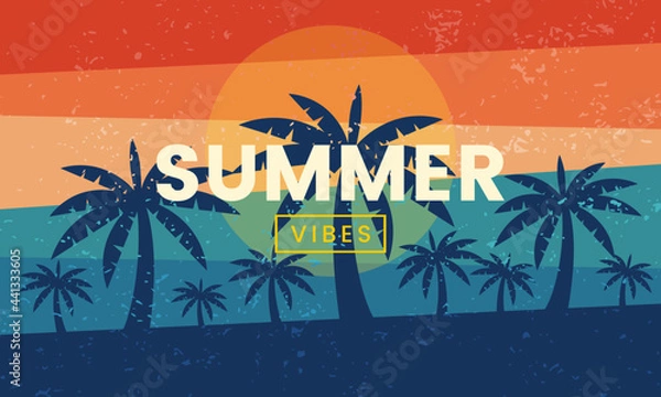 Obraz Retro summer vibes banner. Abstract silhouette palm and beach background