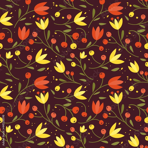 Fototapeta Cute seamless pattern with colorful small flowers. Small flowers on Dark background
