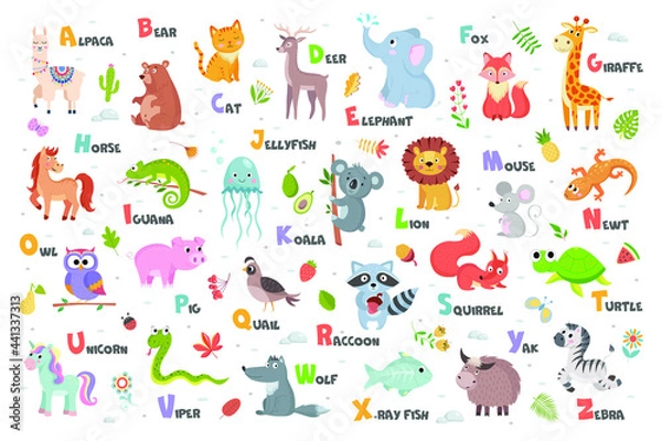 Fototapeta cute english animal alphabet with fruits, berries and leaves on white background vector illustration