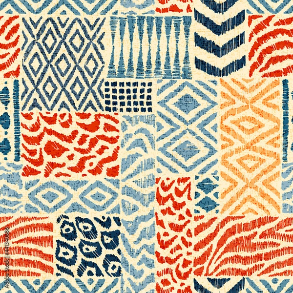Fototapeta Seamless patchwork pattern. A collection of hand-drawn textures. Animal print for textiles. Ethnic and tribal motifs. Vector illustration in the style of boho.