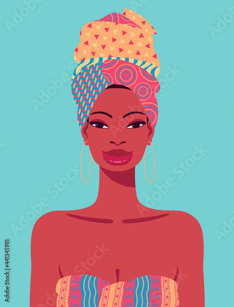 Fototapeta Vector portrait of young African American woman with multicolor head wrap and print dress. Happy beautiful black woman.