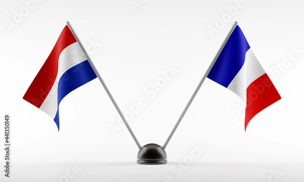 Fototapeta Stand with two national flags. Flags of Netherlands and France. Isolated on a white background. 3d rendering