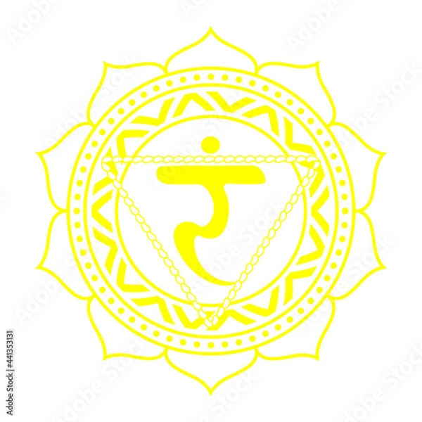 Fototapeta Line drawing.The third chakra of Manipur. Solar Plexus Chakra with Hindu Sanskrit. Yellow is a flat symbol of meditation, yoga. Vector