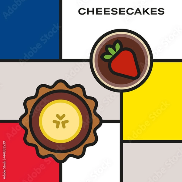 Fototapeta Two mini fruit cheesecakes. Chocolate strawberry cheesecake. Chocolate banana cheesecake. Modern style art with rectangular color blocks. Piet Mondrian style pattern.