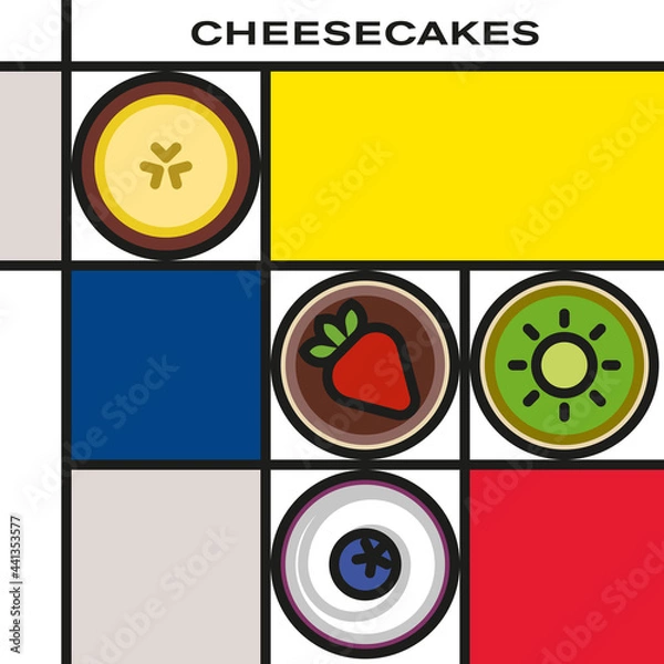 Fototapeta Four mini fruit cheesecakes. Modern style art with rectangular color blocks. Piet Mondrian style pattern.
