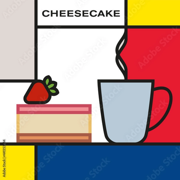 Fototapeta Chocolate cheesecake with strawberry and coffee cup with smoke. Modern style art with rectangular color blocks. Piet Mondrian style pattern.