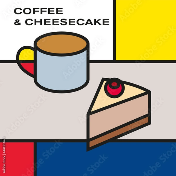 Fototapeta Chocolate cheesecake with raspberry and coffee cup. Modern style art with rectangular color blocks. Piet Mondrian style pattern.