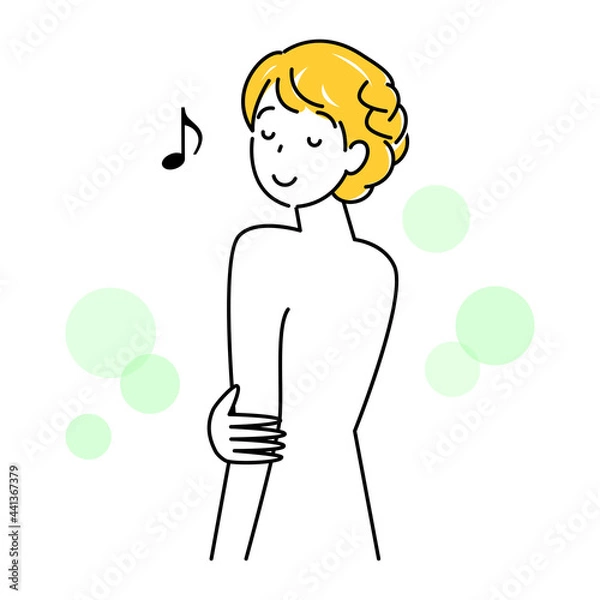 Fototapeta スキンケア 背中のポツポツ（吹き出物・ニキビ）が治り喜んでいる可愛い女性 イラスト シンプル ベクター