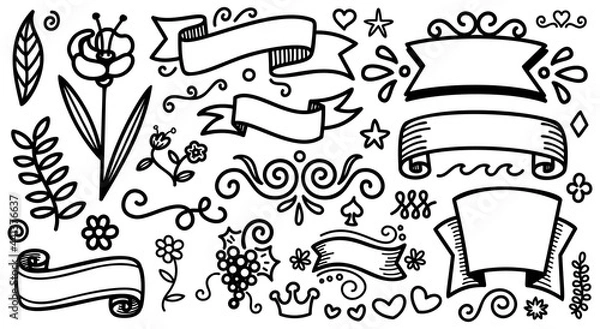 Fototapeta Hand drawn flower and ribbons doodle style. Decorative element for wedding, birthday etc. Isolated on white background. Vector print illustration