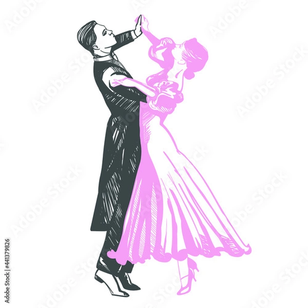 Fototapeta Couple dancing passionate dance. Suitable for waltz and others. Vector illustration, freehand drawing.