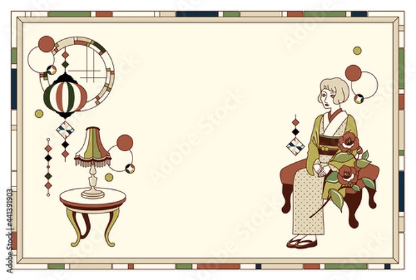 Obraz 着物の女性とレトロな丸窓のベクターフレームイラスト素材
