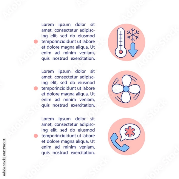 Fototapeta First aid concept line icons with text. PPT page vector template with copy space. Brochure, magazine, newsletter design element. Calling 911. Reducing body temperature linear illustrations on white