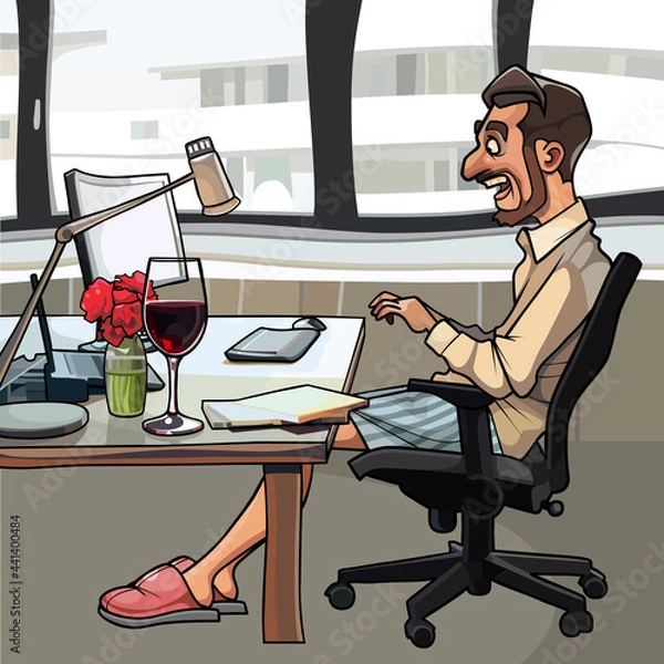 Fototapeta cartoon man smiling cheerfully looking at computer monitor