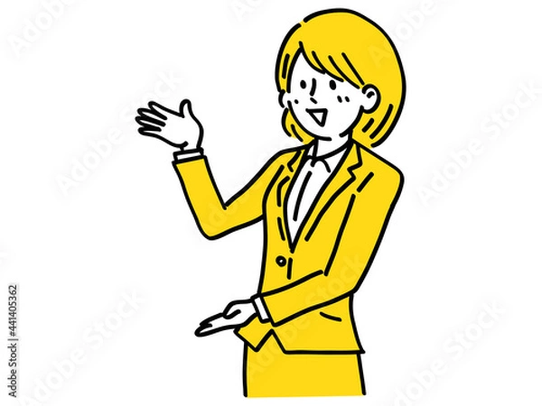 Obraz 紹介 ジェスチャー 迎える 女性 シンプル イラスト