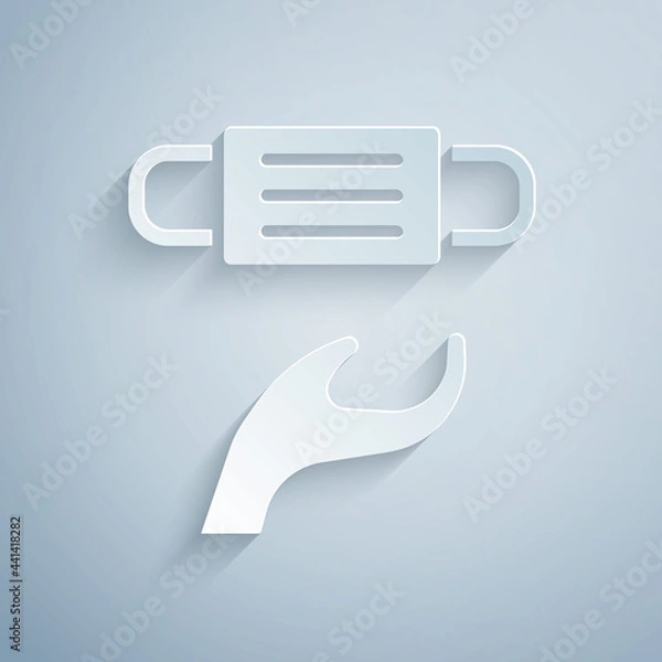 Fototapeta Paper cut Medical protective mask icon isolated on grey background. Paper art style. Vector