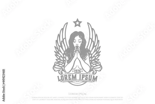 Fototapeta Vintage Sexy Angel Woman Girl Lady Wing Pray Tattoo Logo Design Vector