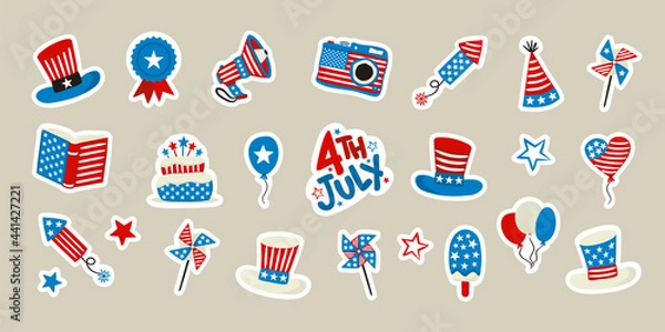 Obraz Set of stickers for USA Independence Day. Symbols of the United States of America in national colors. A set of items for July 4th. Vector illustration for poster design.