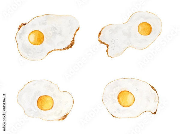 Fototapeta Fried egg close-up, scrambled eggs close-up. Fast food, breakfast, scrambled eggs. Watercolor illustration isolated on white background. Set.