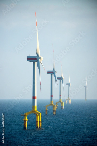 Obraz Offshore wind farm turbines at dusk in the middle of the sea